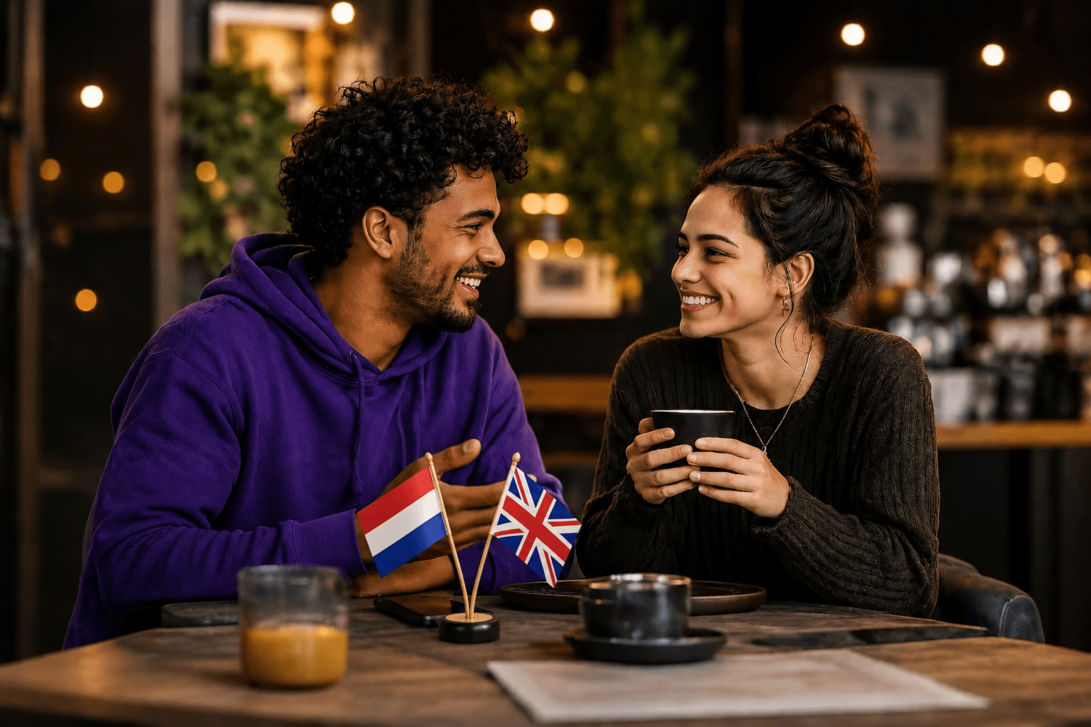 Two friends at a Den Haag café, practising Spanish over coffee. In-app chat bubbles show the conversation switching between Spanish and English.