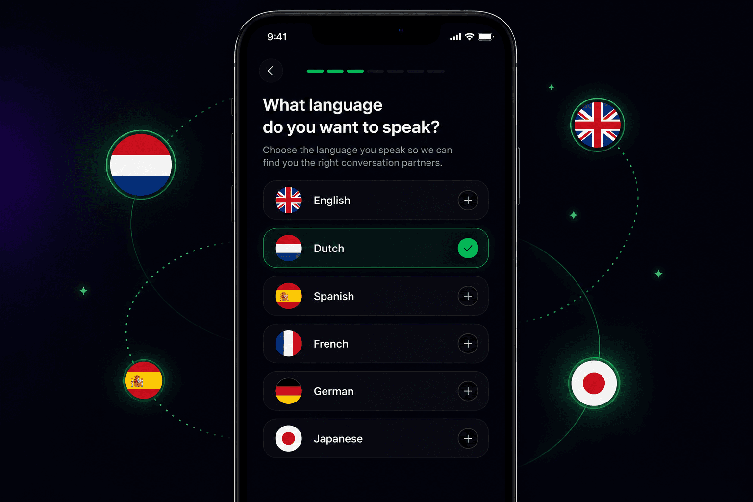TaalMeet language-picker screen. Flags around an iPhone showing English, Dutch, Spanish, French, German, Japanese with Dutch selected.