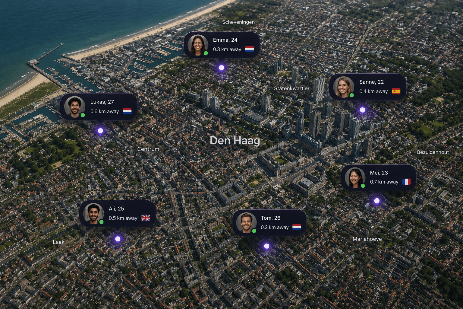 Aerial view of Den Haag with TaalMeet partner pins showing names, ages, and distances. Emma, Lukas, Sanne, Ali, Tom, Mei across Scheveningen, Statenkwartier, Centrum and Mariahoeve.