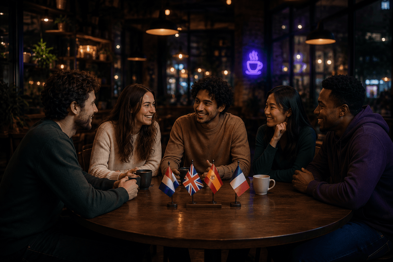 Five friends from different countries chatting around a café table with small Dutch, British, Spanish and French flags on the table