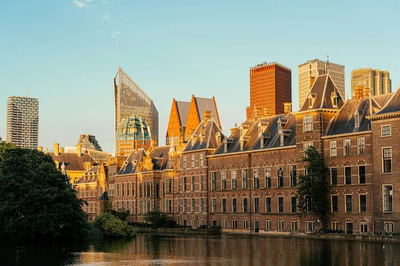 The Binnenhof and the Hofvijver in The Hague at golden hour